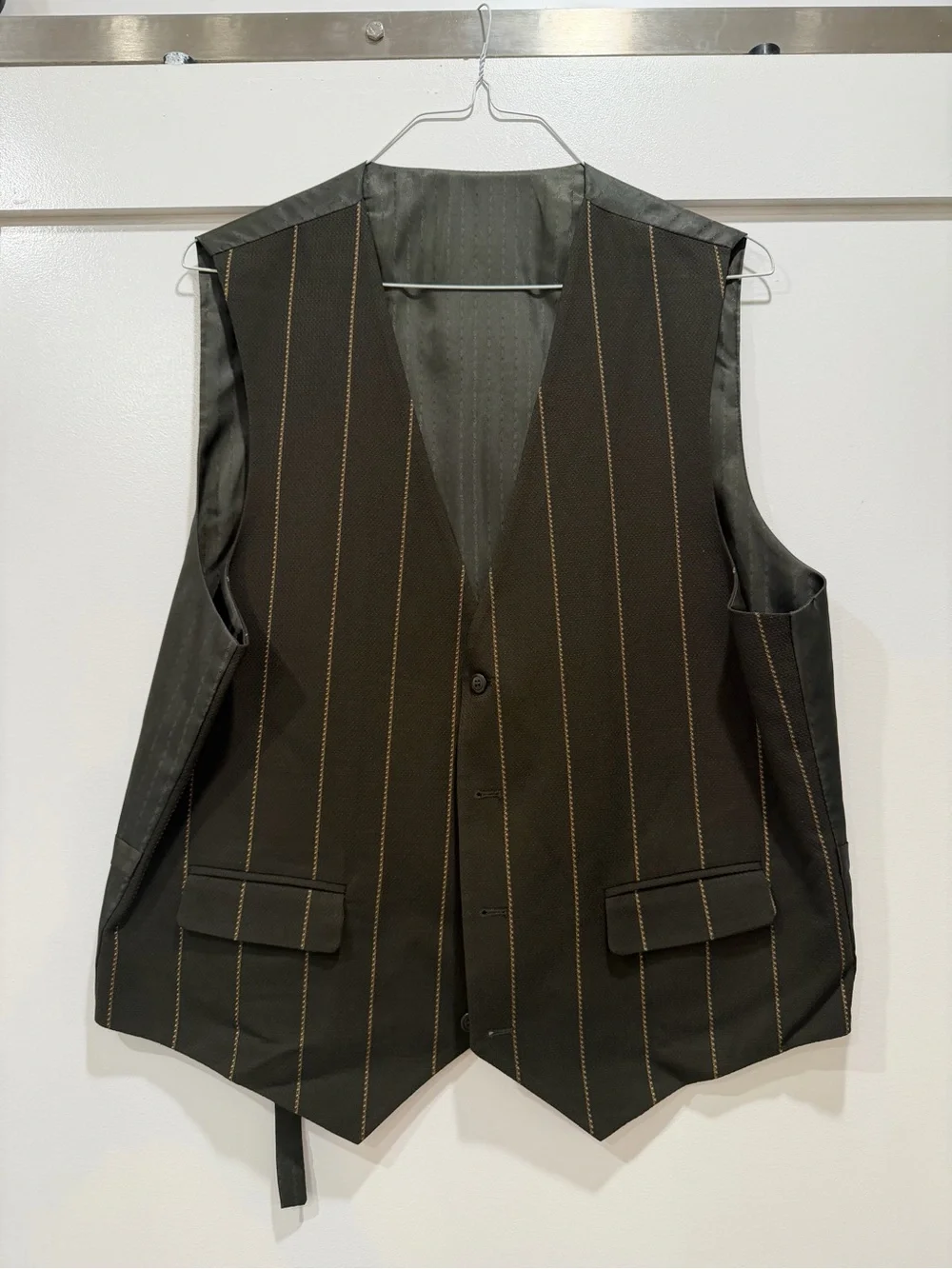 Stacy Adams 3 Pc Suit Dark Green Gold Pinstripe Blazer Vest Pants 44R 38R